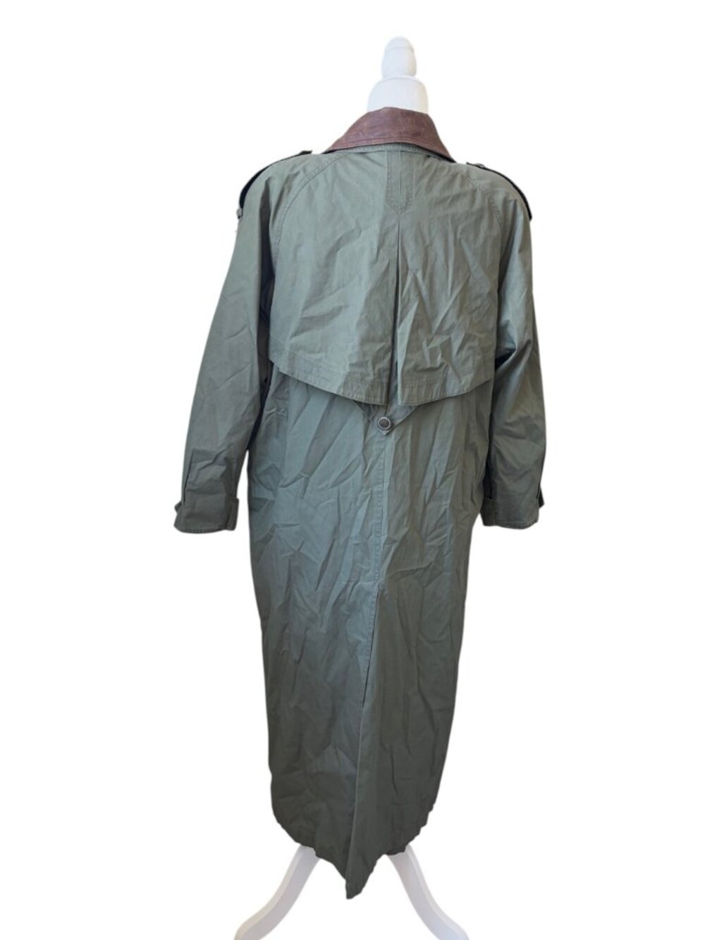 Vintage J Gallery Olive Green Long Trench Coat with Brown Leather Collar Size 12 - Picture 3 of 12